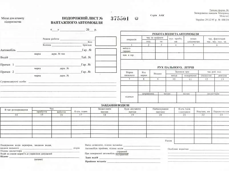Бланк "Подорожній лист вантажного авто" А4 офсетний нумерований (44281)